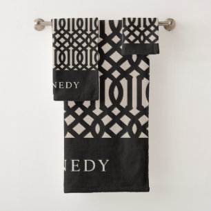 Black and Ivory Trellis Monogram   Farmhouse Bath Towel Set