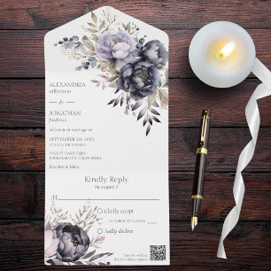 Black and Lavender Floral QR Code All In One Invitation