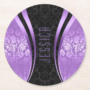 Black And Lavender Purple Tones Floral Damasks Round Paper Coaster