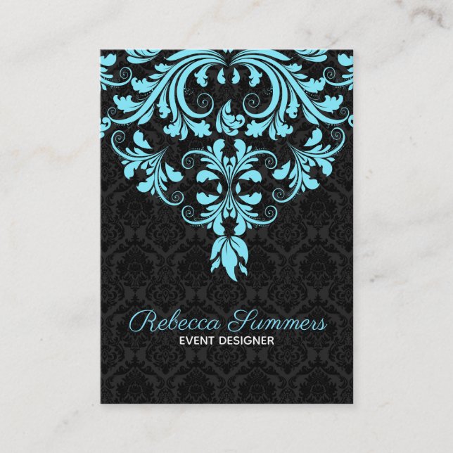 Black And Light Blue Floral Lace Business Card (Front)