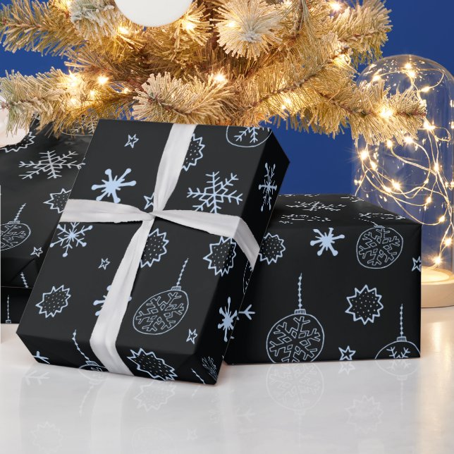 Black and Light Blue Modern Snowflakes Christmas Wrapping Paper (Holidays)