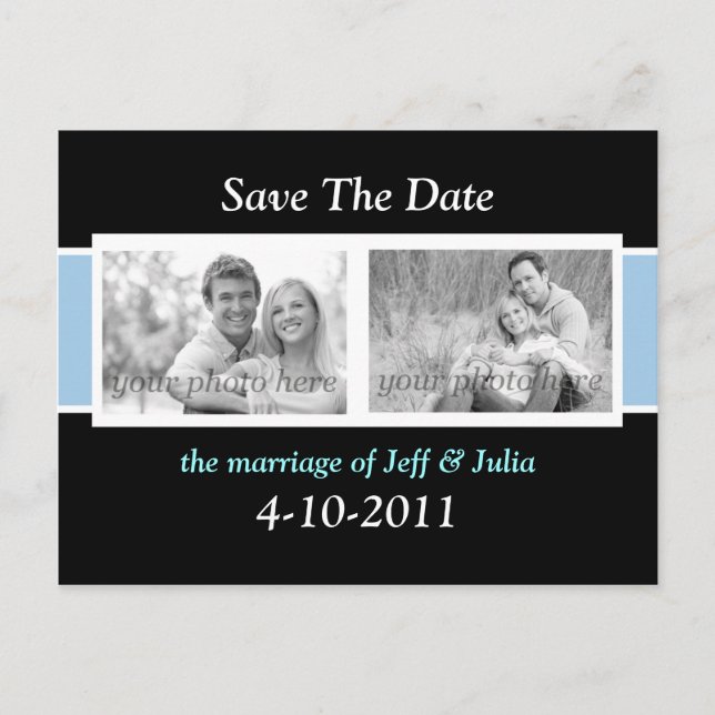 Black and Light Blue "Save the Date" Announcement Postcard (Front)