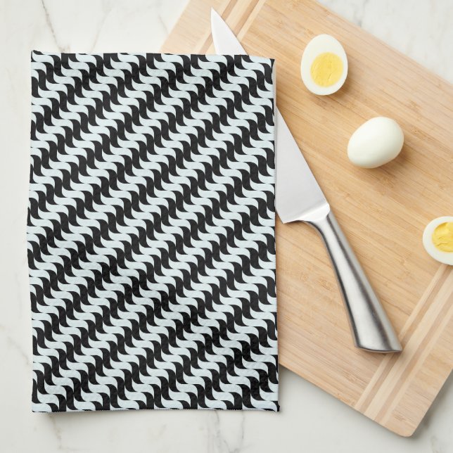 Black and Light Blue Waves Pattern Kitchen Towel (Quarter Fold)