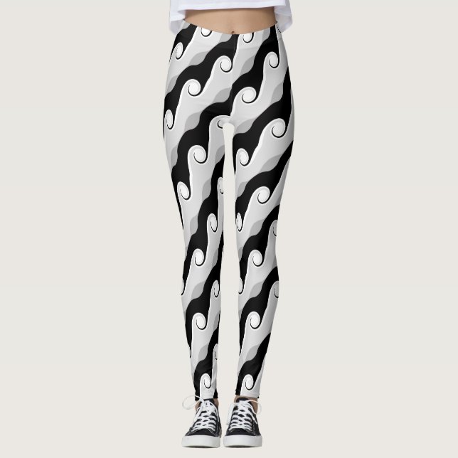 Black and Light Grey Abstract Waves Leggings (Front)