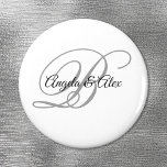Black and Light Grey Fancy Script Monogram White Magnet<br><div class="desc">Wedding magnets with a minimalist couple's monogram in a fancy calligraphy script in light grey and black on a white background. For shorter names, increase the font size of the bride and groom's names and their initial. Customize the black and silver light grey colours, as well as the modern calligraphy...</div>