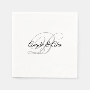 Black and Light Grey Fancy Script Monogram White Napkin