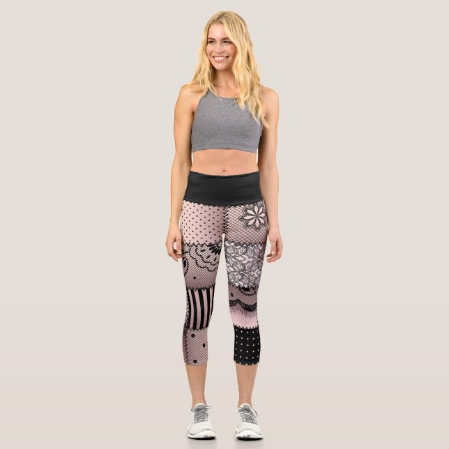 Black and Light Pink Patchwork Lace Design Capri Leggings (Front)