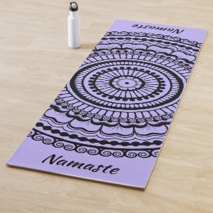 Black and Light Purple Mehndi Henna Mandala Yoga Mat