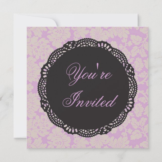 Black and Lilac Damask Invitation (Front)