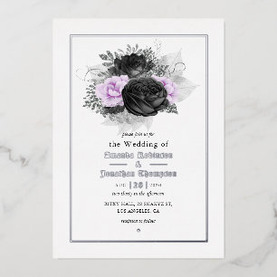 Black and Lilac Floral Wedding Foil Invitation