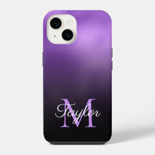 Black and Lilac Purple Ombre Faux Foil Monogram iPhone 14 Case