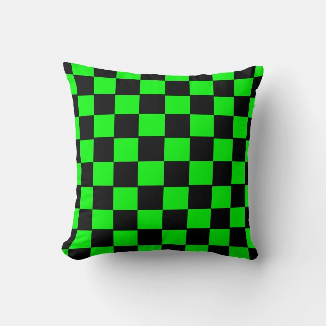 Black and Lime Green Chequerboard Pattern Throw Pillow (Front)