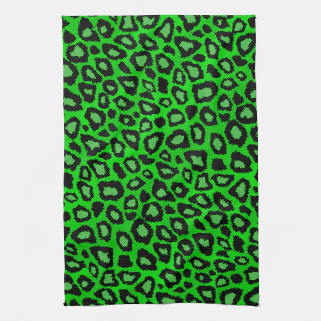 Black and Lime Green Leopard Animal Print Kitchen Towel (Vertical)