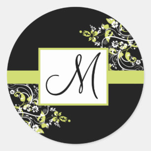 Black and Lime Green Monogram Wedding Stickers