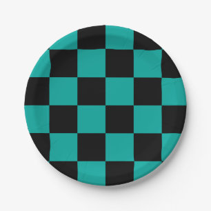 Black and Manganese Blue Chequered Paper Plate