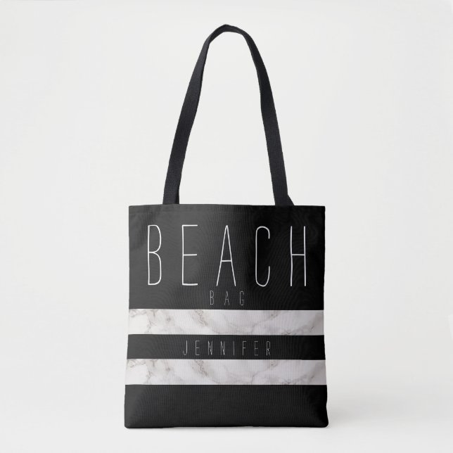 Black and Marble Beach Bag with Name (Front)