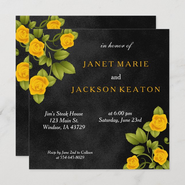 Black and Marigold Yellow Rose Flower Wedding Invitation (Front/Back)