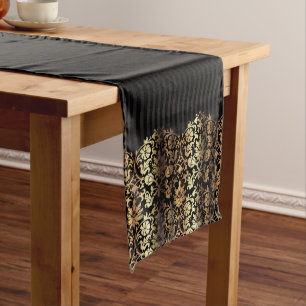 Black and Metallic Gold Damask Design Short Table Runner