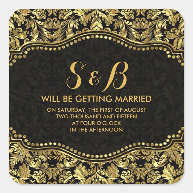 Black And Metallic Gold Floral Damasks 2 Pattern Square Sticker (Front)