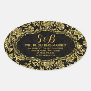 Black And Metallic Gold Floral Damasks 3a Pattern Oval Sticker