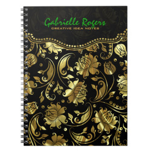 Black And Metallic Gold Floral Damasks Pattern 3b Notebook