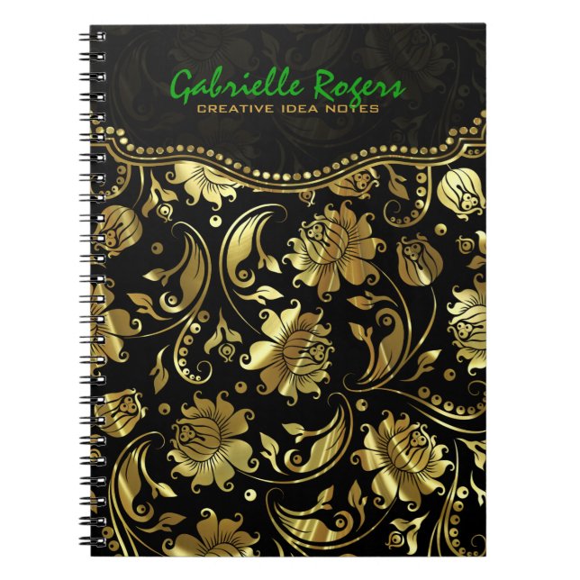 Black And Metallic Gold Floral Damasks Pattern 3b Notebook (Front)