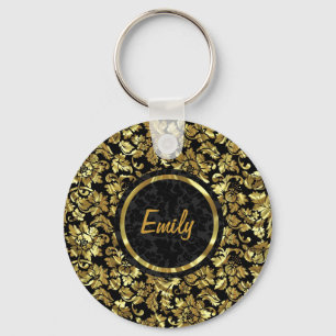 Black And Metallic Gold Vintage Damasks Keychain