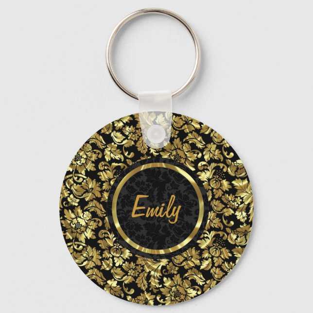 Black And Metallic Gold Vintage Damasks Keychain (Front)