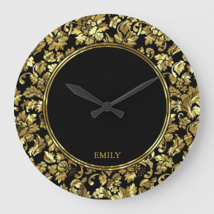 Black And Metallic Gold Vintage Damasks Large Clock