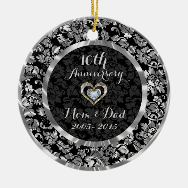 Black And Metallic Silver 10th Wedding Anniversary Ceramic Ornament (Front)