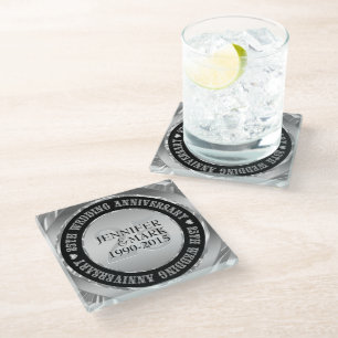 Black And Metallic Silver. 25th Anniversary Glass Coaster