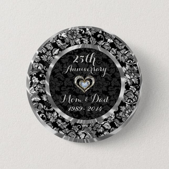 Black And Metallic Silver 25th Wedding Anniversary 2 Inch Round Button (Front)