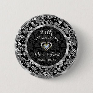 Black And Metallic Silver 25th Wedding Anniversary 2 Inch Round Button