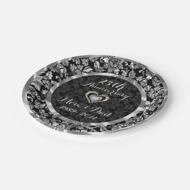 Black And Metallic Silver 25th Wedding Anniversary Paper Plate (Angled)