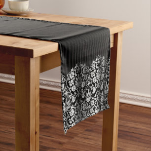 Black and Metallic Silver Damask Design Short Table Runner