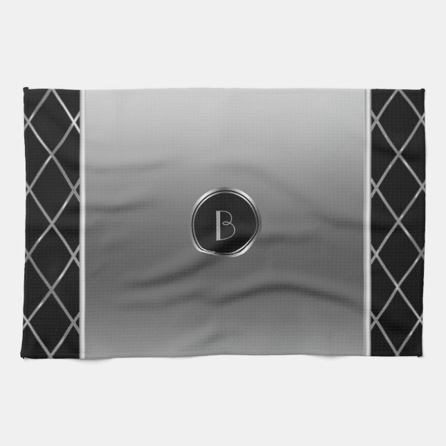 Black And Metallic Silver Geometric Design Kitchen Towel (Horizontal)