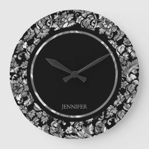 Black And Metallic Silver Vintage Floral Damasks Large Clock