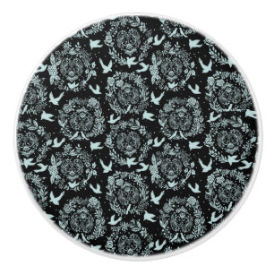 Black and Mint Green Floral and Birds Ceramic Knob