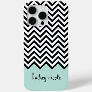 Black and Mint Modern Chevron Custom Monogram iPhone 15 Pro Max Case