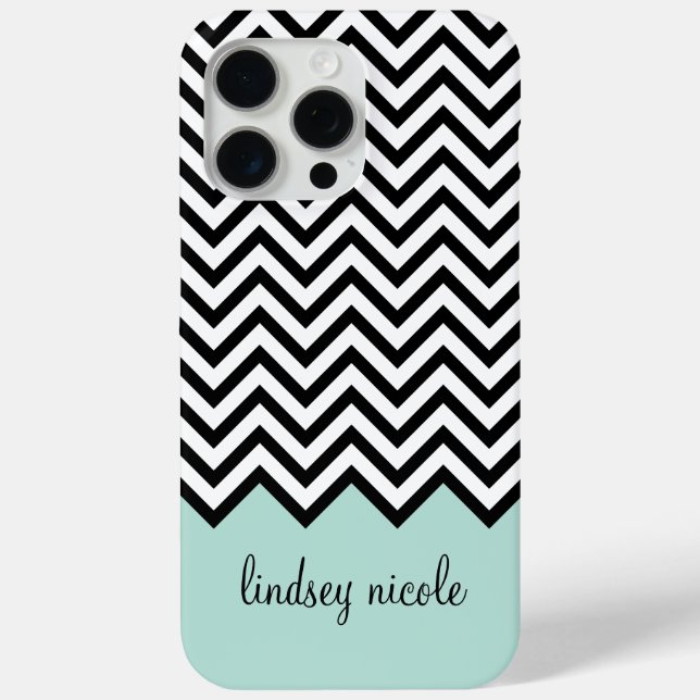 Black and Mint Modern Chevron Custom Monogram Case-Mate iPhone Case (Back)