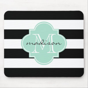 Black and Mint Nautical Stripes Custom Monogram Mouse Pad