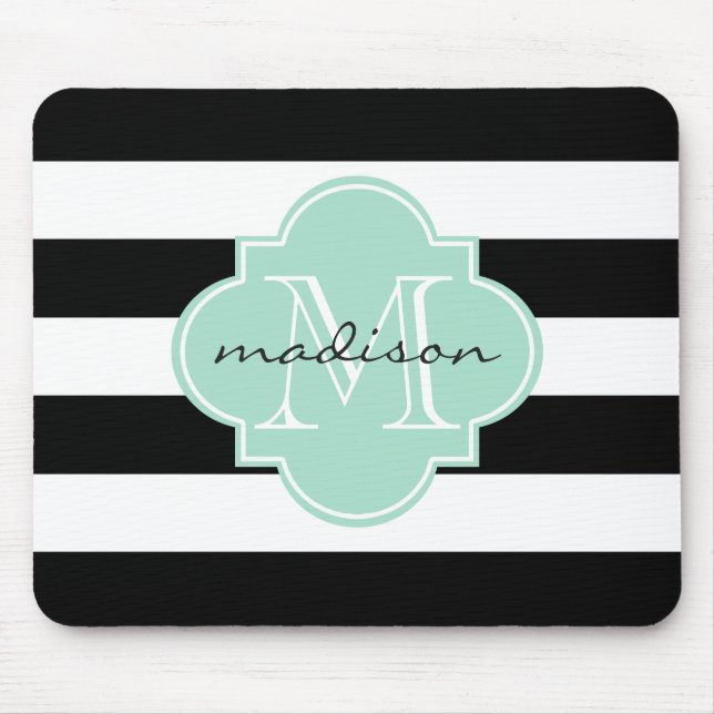 Black and Mint Nautical Stripes Custom Monogram Mouse Pad (Front)