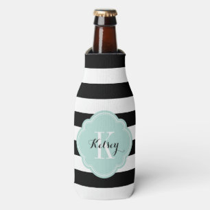 Black and Mint Preppy Stripes Monogram Bottle Cooler