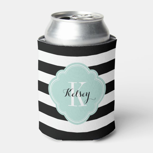 Black and Mint Preppy Stripes Monogram Can Cooler (Can Front)