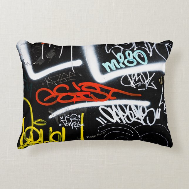Black and multicolored graffiti art accent pillow (Front)
