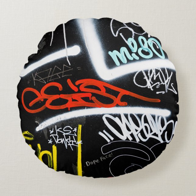 Black and multicolored graffiti art round pillow (Front)