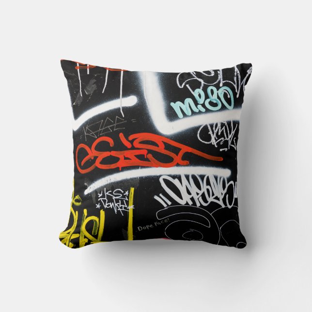 Black and multicolored graffiti art throw pillow (Front)