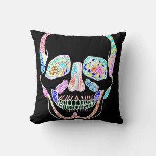 Black and Neon Anatomical Sugar Skull Throw Pillow