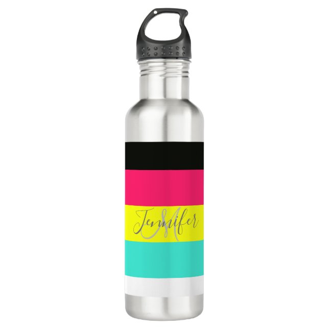 Black and Neon Colour Block Stripe Monogram Name 710 Ml Water Bottle (Front)