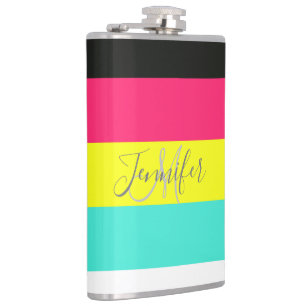 Black and Neon Colour Block Stripe Monogram Name Hip Flask